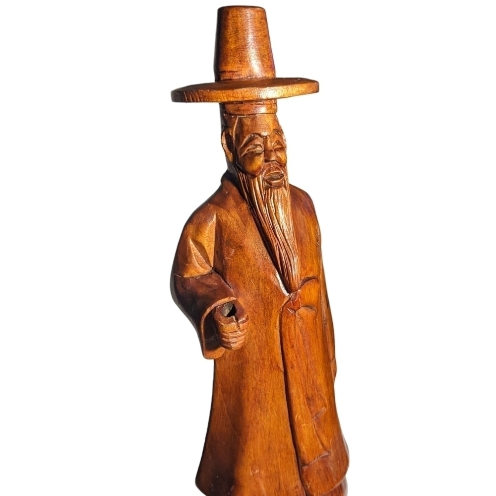 Oriental Hand Carved Wood Vintage Incense Holder Old Man Fashioned Hat Retro - Picture 5 of 9
